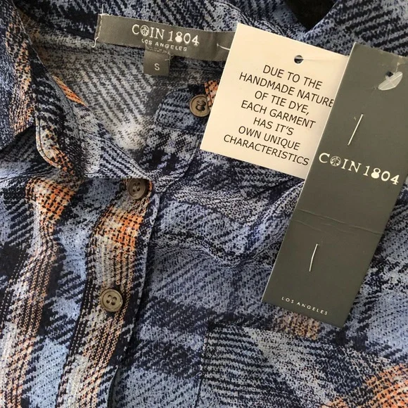 Blue Plaid Button Down Shirt Blouse Semi Sheer Roll Tab Sleeve Women Small New - Picture 7 of 8